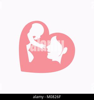 Smiling mother playing with a little baby by raising him up in the air, in heart shaped silhouette, logo, icon design for happy mother's day celebrati Stock Vector