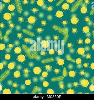 Flowers and leaves of mimosa. Seamless Pattern. Spring flowers. International Womens Day. For flyers, banners, invitations. Green Background Stock Vector
