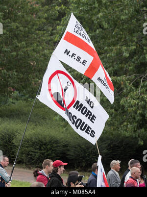 No more mosques banner at English defence league march in Middlesbrough, north east England. UK Stock Photo