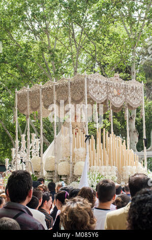 Color photograph of the pallium float of the 'Virgen de la Paz', of the brotherhood of 'La Paz' in its processional journey on Palm Sunday. Stock Photo