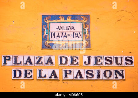 Street name on ceramic tiles in Sevilla, Andalusia, Spain Stock Photo