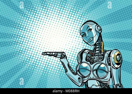 Beautiful woman robot presents Stock Vector