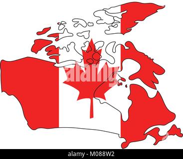 Colors and maple leaf of Canada flag in outline shape of country. Stock Vector