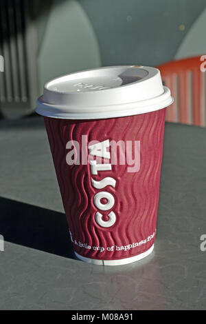 Disposable cup on a table at Costa Coffee in Princes Risborough High Street, Buckinghamshire, England, UK Stock Photo