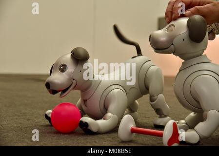 Sony's new, cute, adorable and expensive Aibo robot dog showcased at CES 2018 in Las Vegas, USA Stock Photo