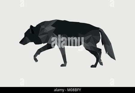 Vector Illustration: Low Poly Portrait of Walking Grey Wolf on White Background. Stock Vector
