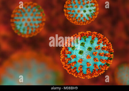 Influenza virus H3N2 strain. 3D illustration showing surface glycoprotein spikes hemagglutinin (orange) and neuraminidase (green) on an influenza (flu) virus particle. Haemagglutinin plays a role in attachment of the virus to human respiratory cells. Neuraminidase plays a role in releasing newly formed virus particles from an infected cell. H3N2 viruses are able to infect birds and mammals as well as humans. They often cause more severe infections in the young and elderly than other flu strains and can lead to increases in hospitalisations and deaths. Stock Photo