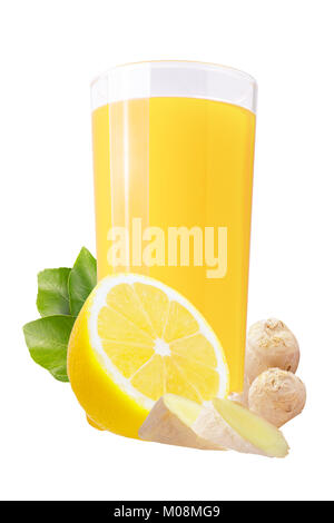 Isolated citrus juice. Glass with fresh lemon and ginger juice and cut fruits with leaves isolated on white background Stock Photo