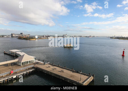 Aerial view of the Stockton ferry leaving Queens Wharf in Newcastle for the short journey across to Stockton located on the Northern side of the Hunte Stock Photo