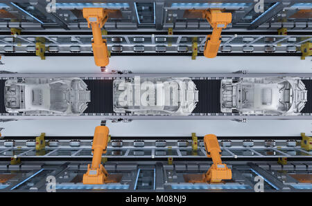 Assembly line in car factory with industrial robotic arms, 3D rendering ...