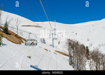 Sochi, Russia - May 05, 2017: ski resort in Krasnaya Polyana. Snowy ski slopes of Gorky Gorod ski resort Stock Photo