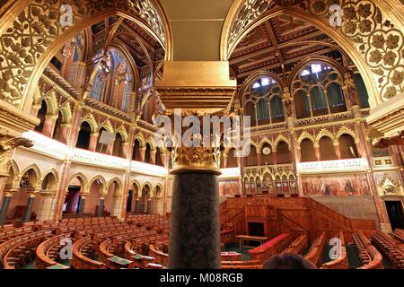 BUDAPEST, HUNGARY - JUNE 19, 2014: Interior view of Parliament Building in Budapest. The building was completed in 1905 and is in Gothic Revival style Stock Photo