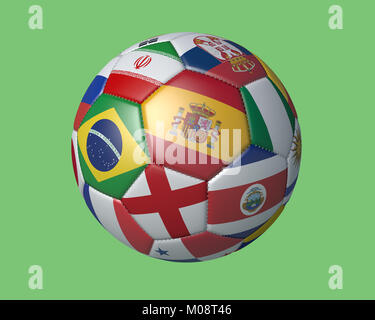 Isolated soccer ball with colors flags of states participating in the 2018 on a green background, 3d rendering Stock Photo