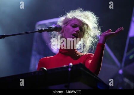 The Belgian indie pop band SX performs a live concert at Rockefeller in Oslo. Here singer, songwriter and musician Stephanie Callebaut is pictured live on stage. Norway, 10/12 2012. Stock Photo