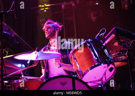 The Belgian indie pop band SX performs a live concert at Rockefeller in Oslo. Here drummer Jeroen Termote is pictured live on stage. Norway, 10/12 2012. Stock Photo