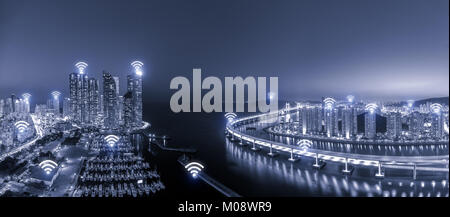 Wifi network business conection system on Busan city in background. Wifi technology and conection concept Stock Photo