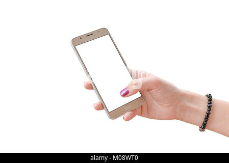 Isolated white mobile phone in woman hand. blank screen for app presentation. Stock Photo