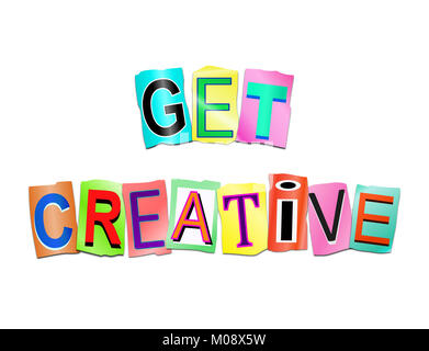 3d Illustration depicting a set of cut out printed letters arranged to form the words get creative. Stock Photo