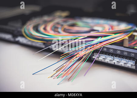 Fibre optic cables on top of patch distribution panel shelf for enterprise networking Stock Photo