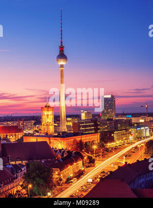 Aerial view over Berlin in Germany on a sunset. This image is toned. Stock Photo