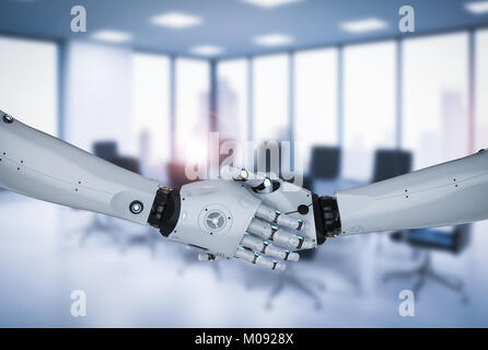 3d rendering robot hand shake on office background Stock Photo