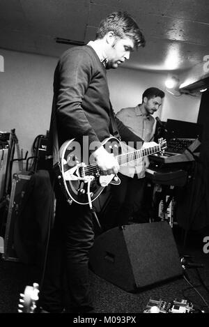 The musicians from the British post-punk band Editors gather for a rehearsal session at the rehearsal studio in Birmingham. United Kingdom, 08/05 2013. Stock Photo