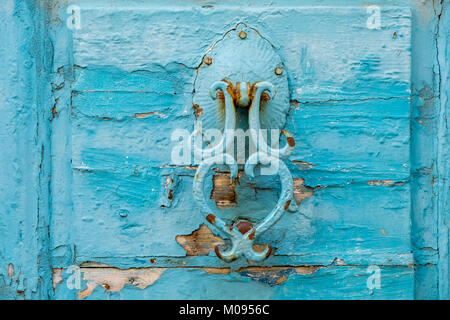 old turquoise door knocker in the old town of Rethymno, Europe, Crete, Greece, Rethymno, Europe, Crete, Greece, GR, Travel, Tourism, Travel Destinatio Stock Photo
