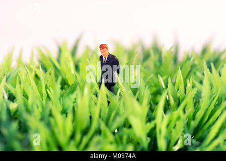Miniature figure of a businessman standing in green grass thinking looking for inspiration and ideas Stock Photo