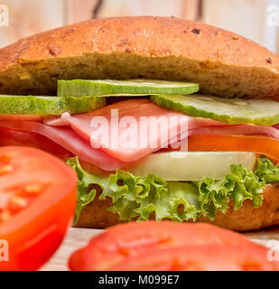 Tomatoes And Roll Representing Ham Cheese Sandwich And Ham Cheese Sandwich Stock Photo