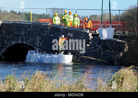 Repair work begins on historic Wool Bridge, Dorset, UK, Work begins on protecting the bridge from further damage. Wool Bridge, a 16th century, Grade II listed structure, crosses the River Frome in Wool, Purbeck and features in Tess of the D'Urbervilles by Thomas Hardy Credit: Finnbarr Webster/Alamy Live News Stock Photo