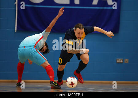 Cardiff, UK. 19th Jan, 2018. Deaf Futsal European championship qualifying tournament. action from the Sweden v Turkey (in white) match at Cardiff Metropolitan University, in Cardiff, South Wales on Friday 19th January 2018. pic by Credit: Andrew Orchard/Alamy Live News Stock Photo