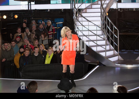 Borehamwood, UK. 19th Jan, 2018. Celebrity Big Brother Rachel Johnson dancing. Credit: Laura De Meo/Alamy Live News Stock Photo