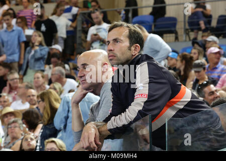 Melbourne, Australia. 20th Jan, 2018. American coach Andre Agassi together with Radek Stepanek are watching Serbian tennis player Novak Djokovic in action during his 3rd round match at the Australian Open vs Spanish tennis player Albert Ramos Vinolas on Jan 20, 2018 in Melbourne, Australia - Credit: Yan Lerval/Alamy Live News Stock Photo