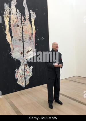 Basel, Switzerland. 19th Jan, 2018. German artist Georg Baselitz walks through his exhibition at the Fondation Beyeler in Riehen near Basel, Switzerland, 19 January 2018. The Fondation Beyeler is showcasing 81 paintings and 12 sculptures of Baselitz's artisitic work spanning six years of his life's work. Credit: Christiane Oelrich/dpa/Alamy Live News Stock Photo