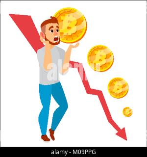 Bitcoin Crash Graph Vector. Bitcoin Price Drops. Crypto Currency Market Concept. Surprised Investor Or Businessman. Annoyance, Panic. Isolated Flat Ca Stock Vector