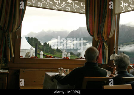 View over the Swiss Alps from hotel restaurant in Guarda, Switzerland Stock Photo