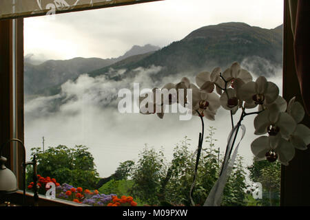 View over the Swiss Alps from hotel restaurant in Guarda, Switzerland Stock Photo