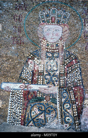 Byzantine Mosaic or Portrait of Byzantine Empress Irene of Athens (c752-803) reigned 797-802, Holding a Scroll Manuscript in the South Gallery of Hagia Sophia Church Museum, Sultanahmet, Istanbul, Turkey Stock Photo