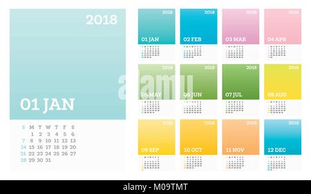 12 Months Calendar 2018 Pastel Сolor in Minimalistic Style. Vector Illustration. Desk Calendar. Week Starts Sunday. Stock Vector