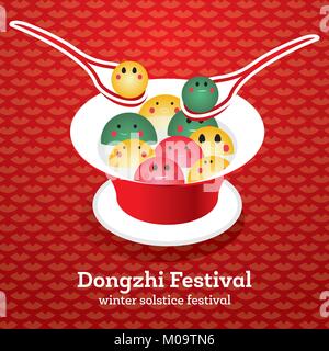 Dong Zhi Chinese Winter Solstice Festiva. Tangyuan (Sweet Dumplings) in Plate with Soup. Vector Illustration. Stock Vector