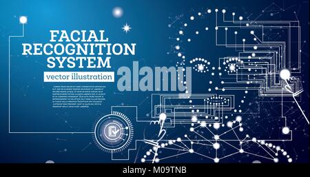 Facial Recognition System Concept with Neon Lines. Vector Illustration. Woman Face. Stock Vector
