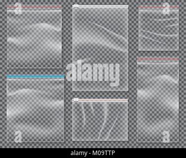 Transparent Nylon Bag with Lock or Zip. Vector Illustration. Set of Isolated Sealed Polythene Packs. Stock Vector