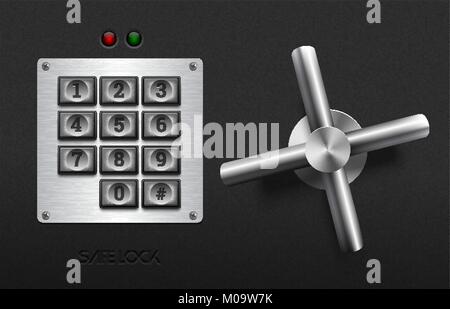 Realistic safe lock metal element on textured black plastic background. Stainless steel wheel. Vector icon or design element. Keypad buttons on brushe Stock Vector
