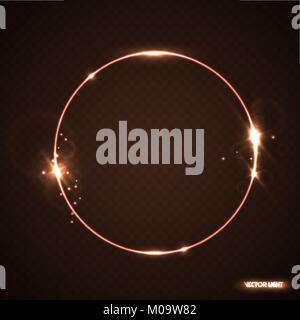 Vector round frame with sparks and spotlight. Shining circle banner. Vector illustration isolated on black transparent background. Translucent light e Stock Vector
