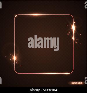 Vector golden glow line frame with sparks and spotlight. Shining rectangle banner. Vector translucent light effect isolated on black transparent backg Stock Vector