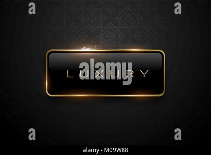 Luxury black label with golden frame sparks on black background. Dark premium logo template. Vector illustration Stock Vector