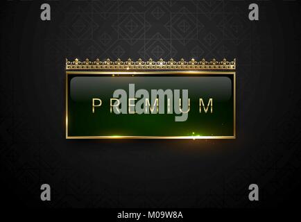 Premium green label with golden frame sparks and crown on black geometric pattern background. Dark luxury logo template. Vector illustration Stock Vector