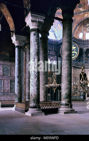 Four Large Marble Columns Supporting the Dome of the c5th Hagia Sophia Basilica or Byzantine Church, aka Haghia Sophia, Ayasofya or Sancta Sophia, Istanbul, Turkey Stock Photo