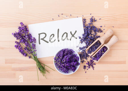 fresh and dried lavender and card with text: Relax Stock Photo
