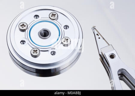 Detail of a opened Hard Disk Drive. Stock Photo